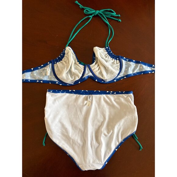 Pour Moi Hot Spots Halter High Waisted Bikini Swimsuit Blue/White UK 36E + UK 16 - Picture 11 of 12